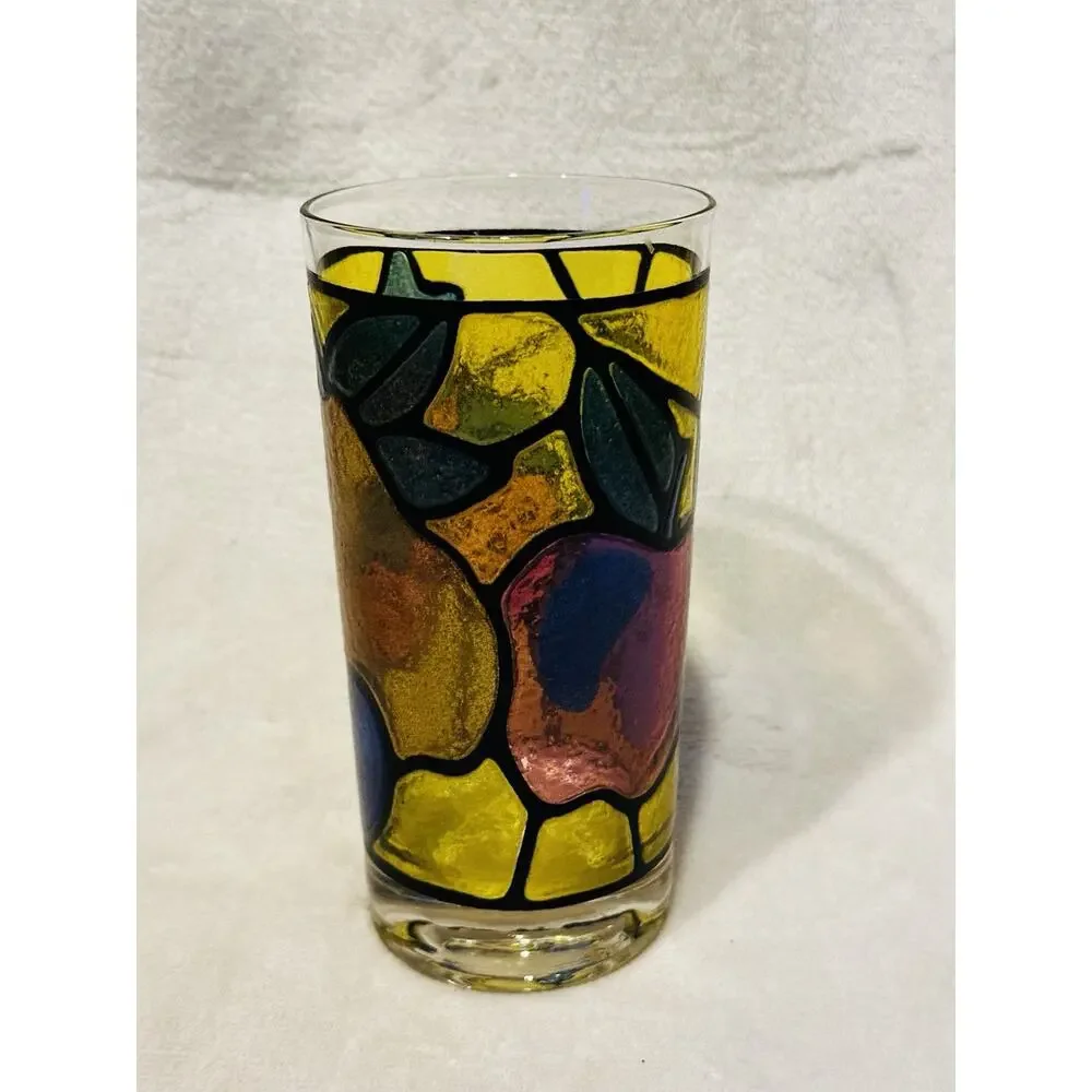 Vtg 60's 70's Tiffany Stained Glass Style Multi Colored Fruit OJ Cup Libbey